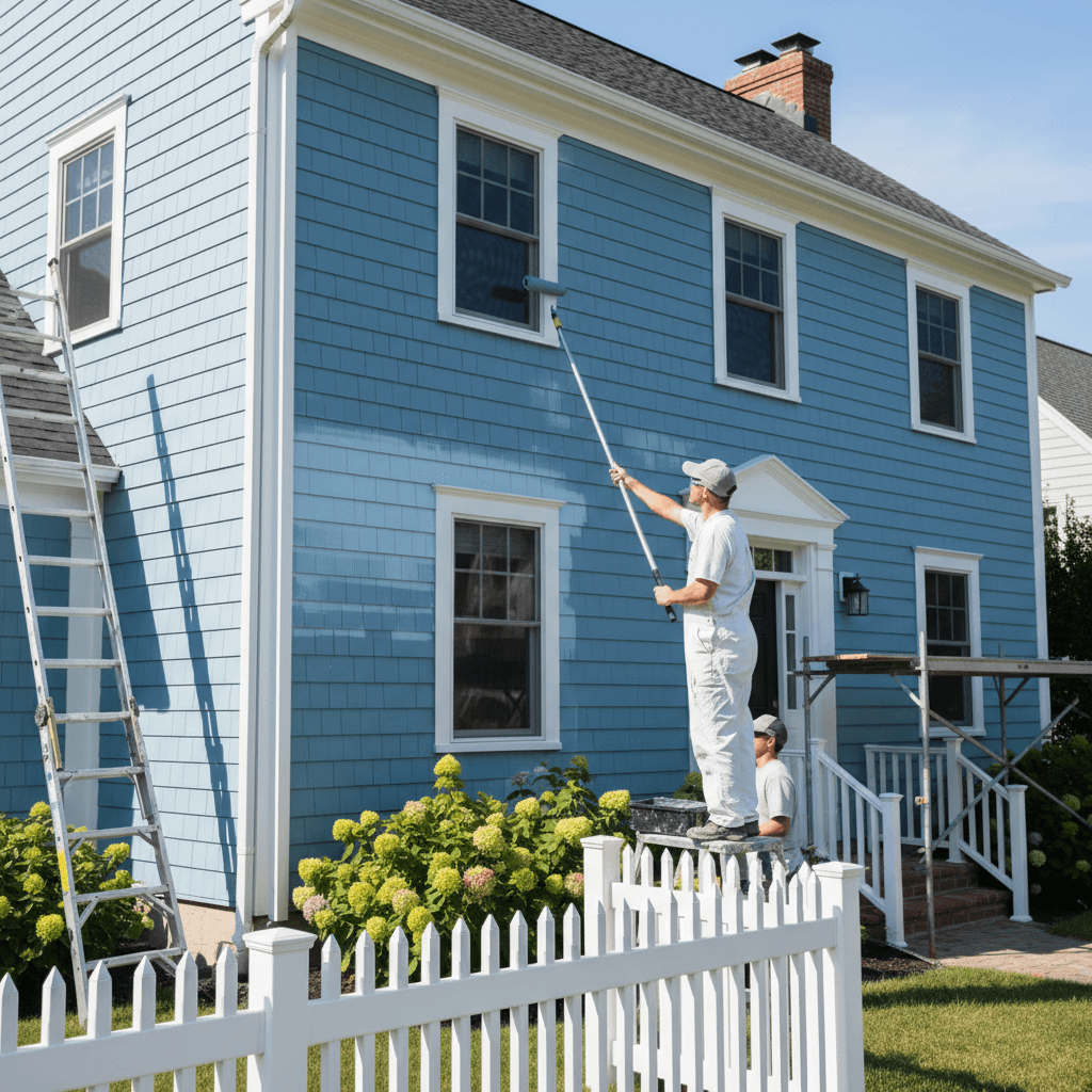 Professional painter applying exterior paint on a house