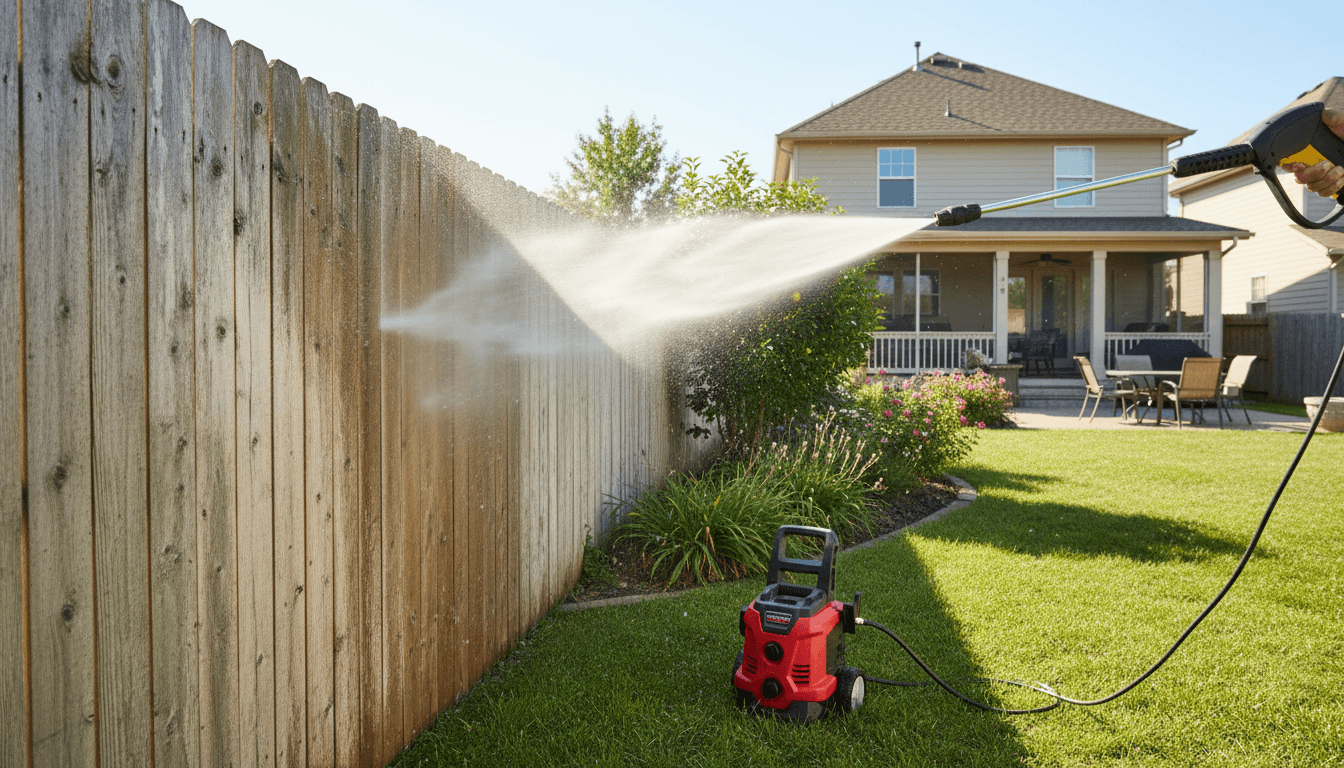 Pressure washing a wooden fence in a sunny backyard