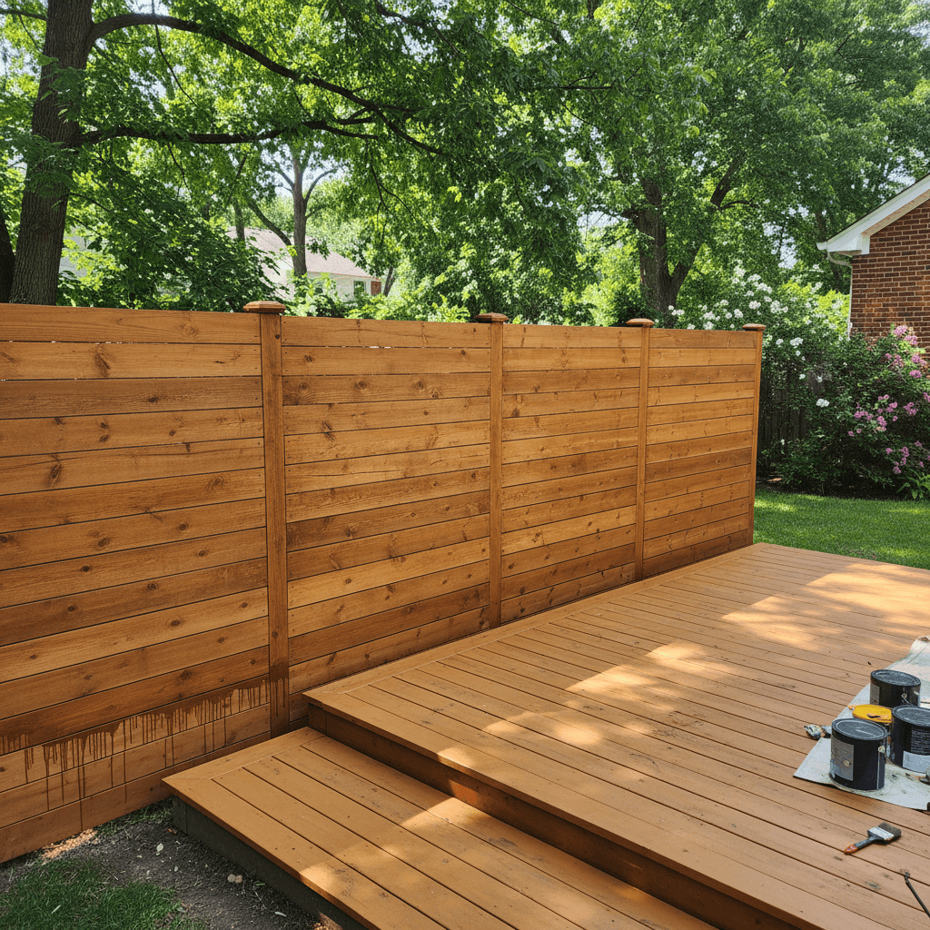 Freshly painted wooden fence and deck in a backyard