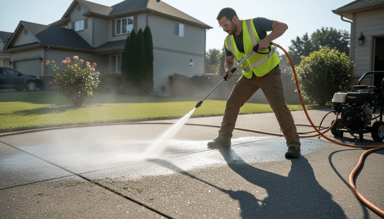 Pressure washing worker cleaning a residential driveway with high powered water spray