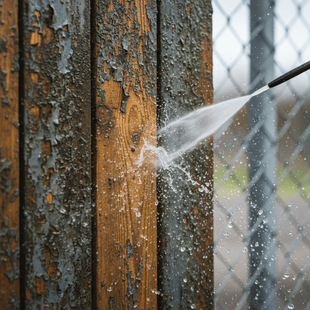 Clean wooden fence being pressure washed