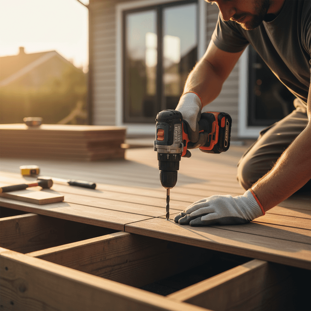 handyman repairing a wooden deck railing