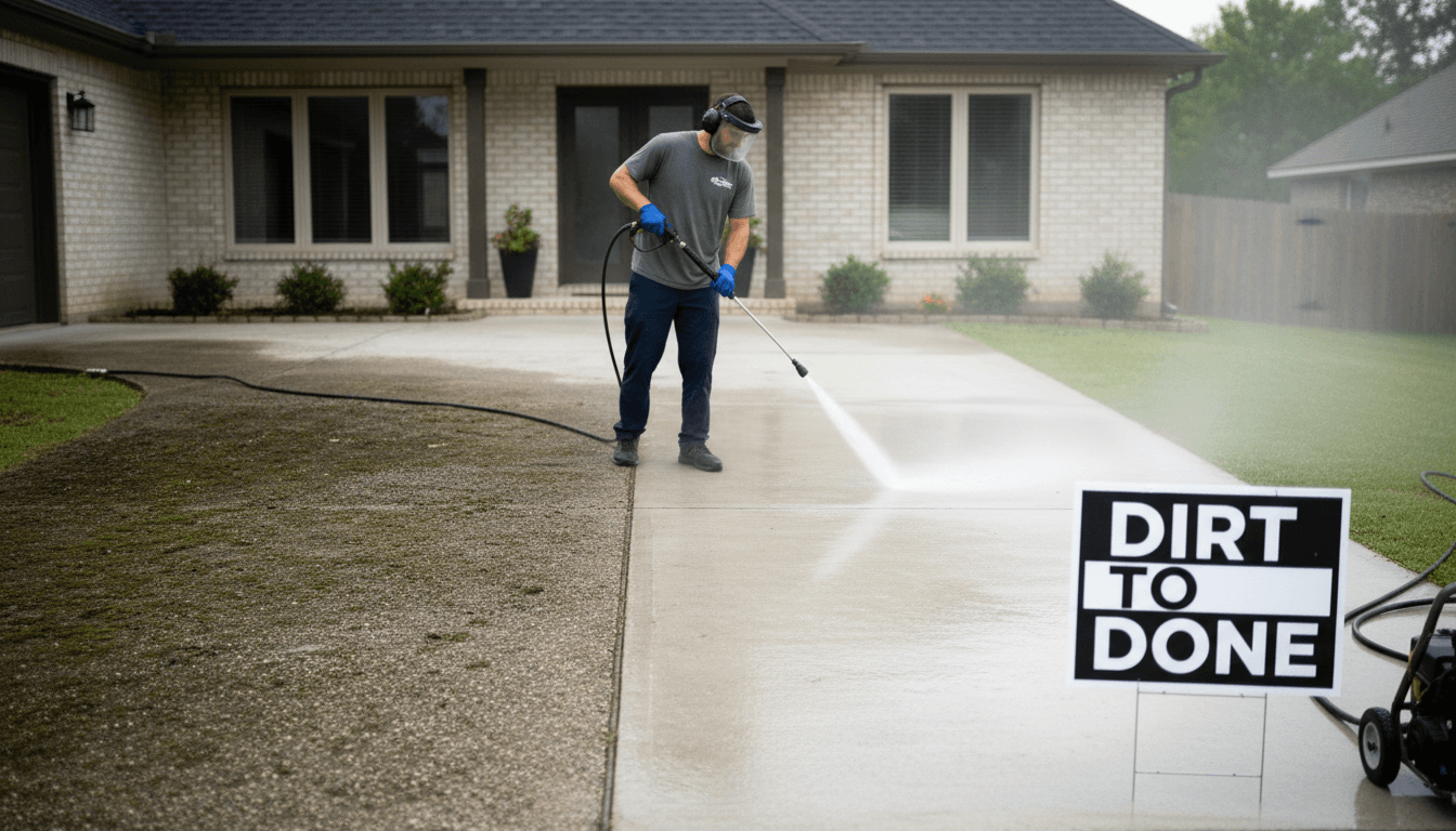 Freshly cleaned driveway and house exterior after pressure washing