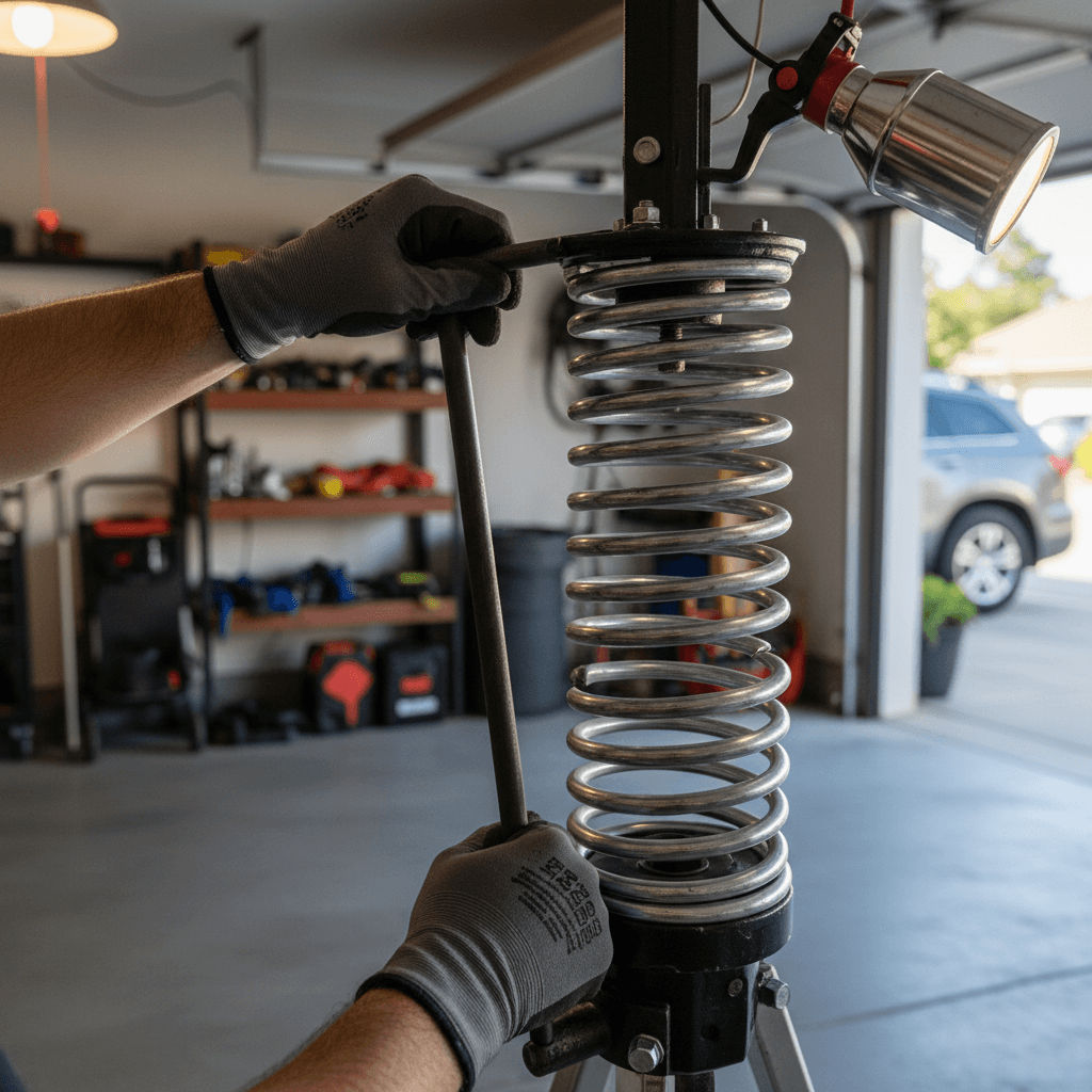 handyman tightening garage door track screws
