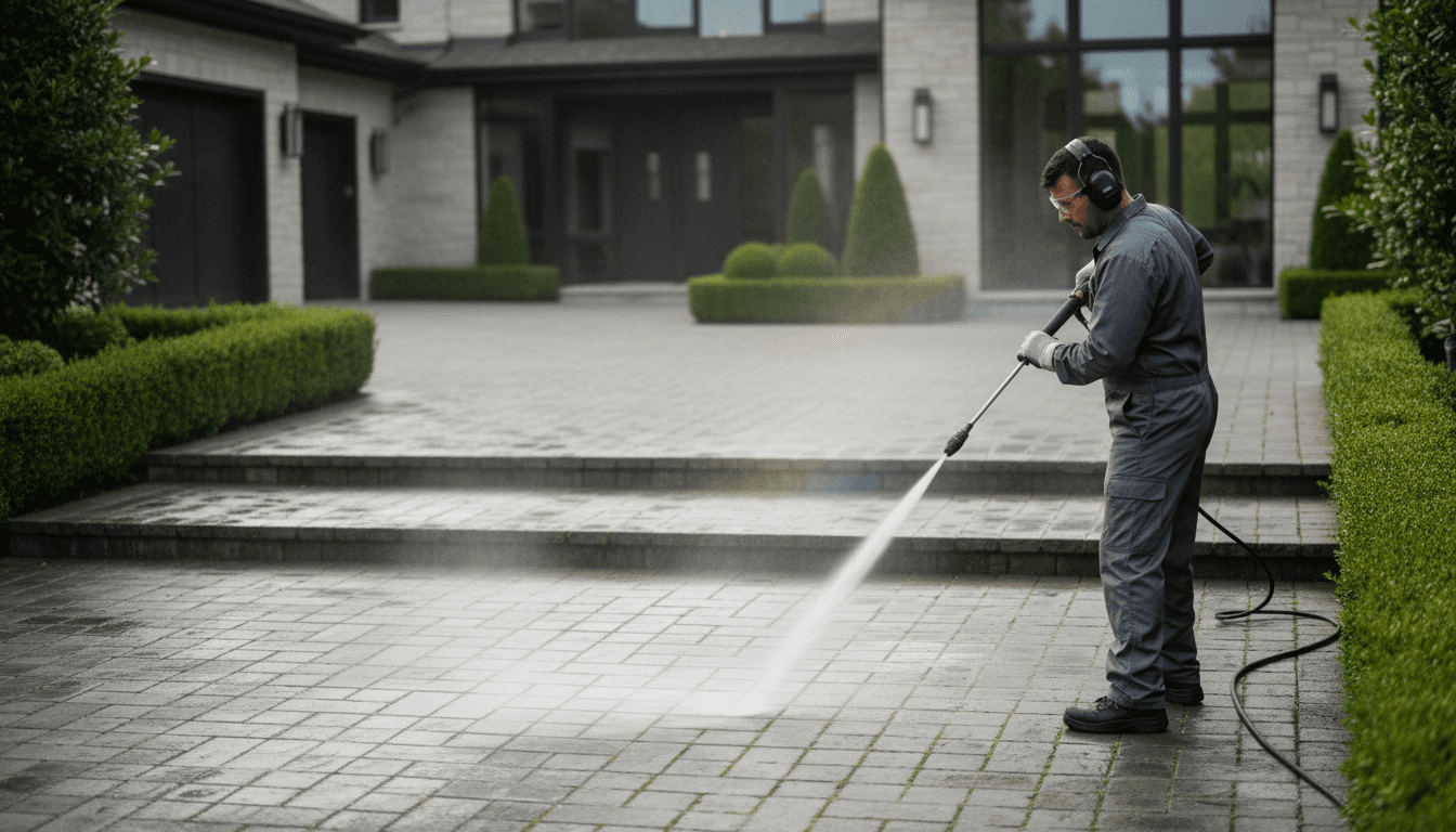 Bright exterior of a clean home with pressure washing equipment on a driveway