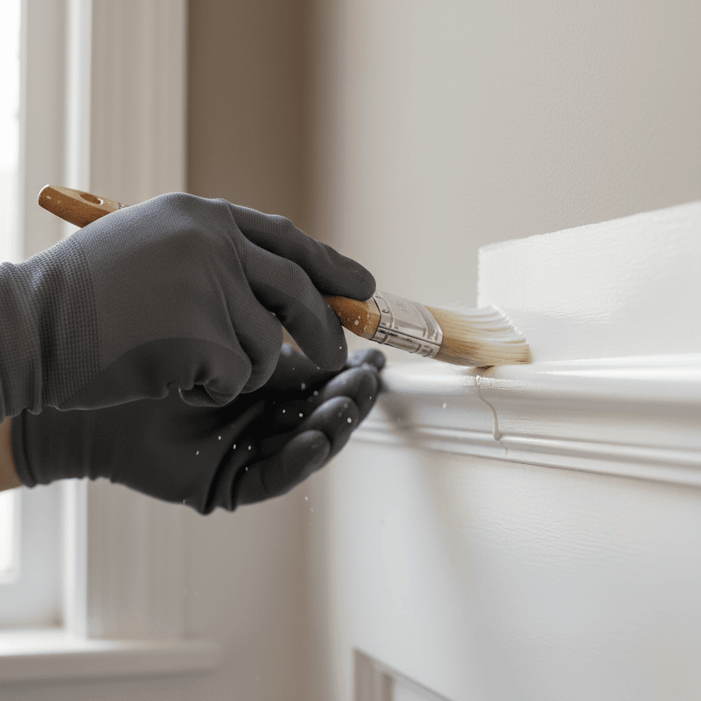 Painter cutting in ceiling trim with angled brush in bright living room