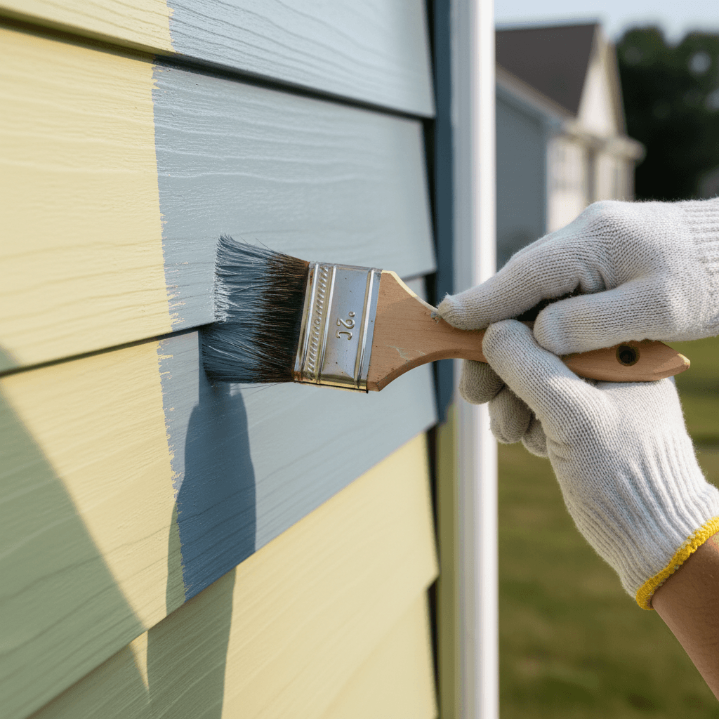 Professional painter applying exterior paint on house siding with roller and brush in bright daylight