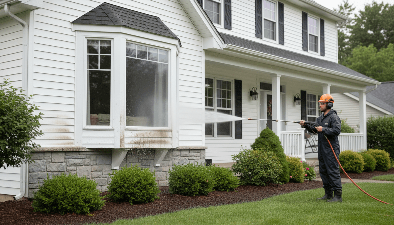 Professional pressure washing technician spraying hot water on a house siding